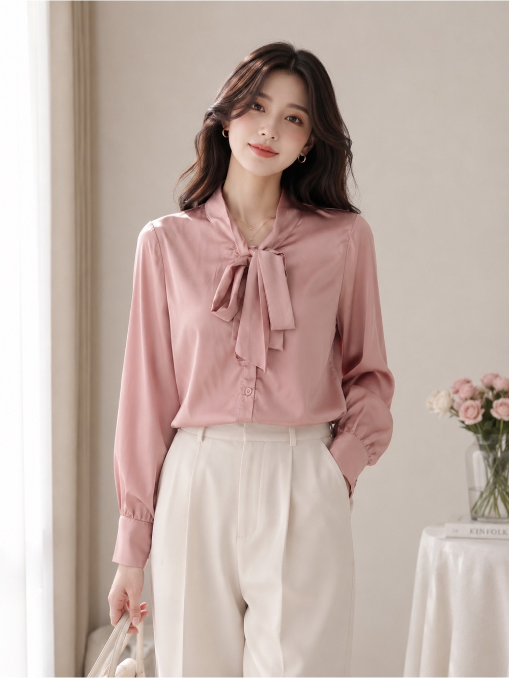 ILIA Women’s Dusty Rose Satin Tie-Neck Long Sleeve Blouse